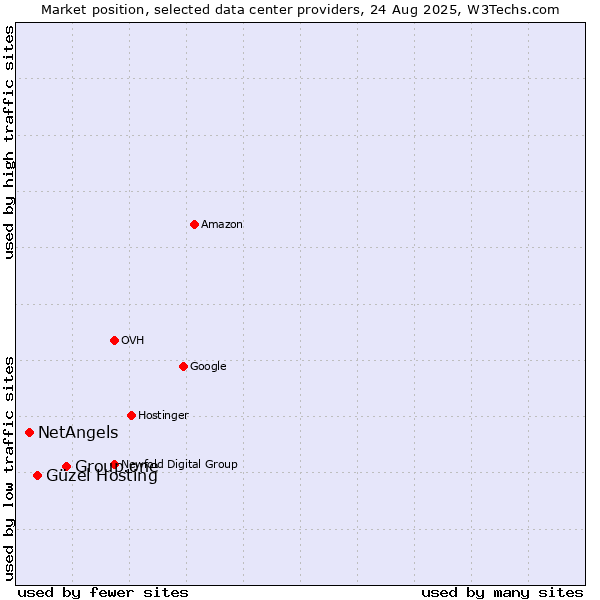 Market position of Group.one vs. Güzel Hosting vs. NetAngels