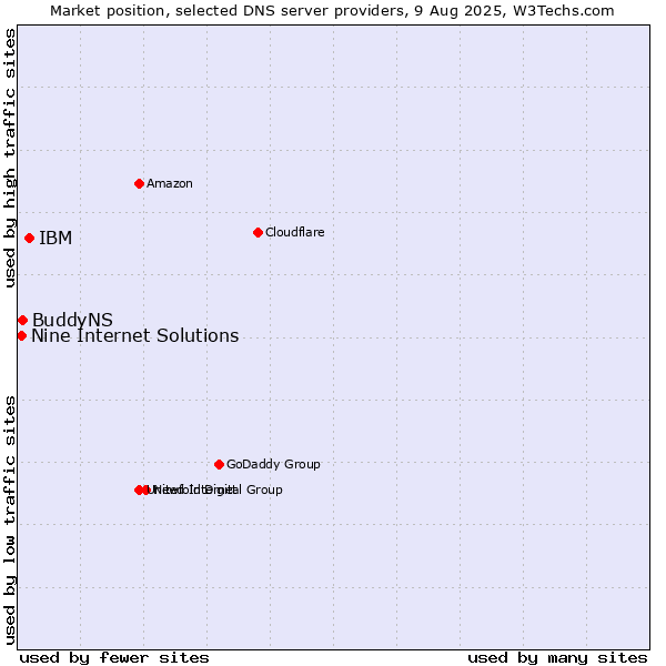 Market position of IBM vs. BuddyNS vs. Nine Internet Solutions