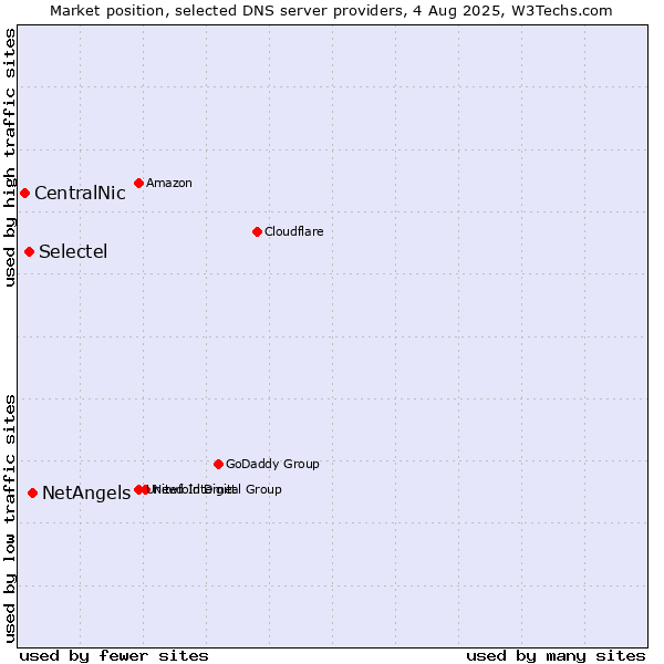Market position of NetAngels vs. Selectel vs. CentralNic