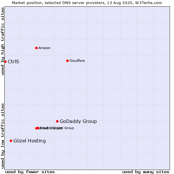 Market position of GoDaddy Group vs. Güzel Hosting vs. CtrlS