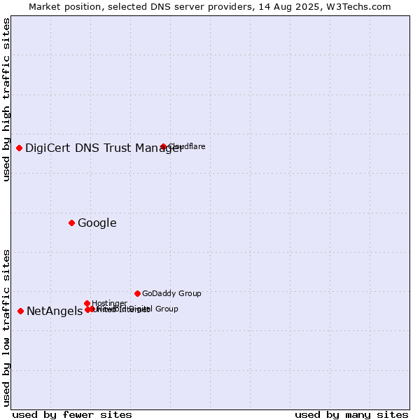Market position of Google vs. NetAngels vs. DigiCert DNS Trust Manager