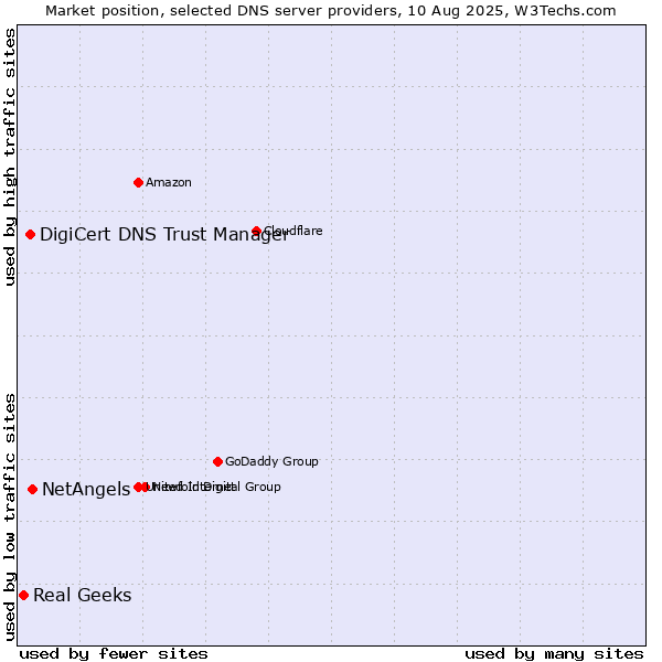 Market position of NetAngels vs. DigiCert DNS Trust Manager vs. Real Geeks