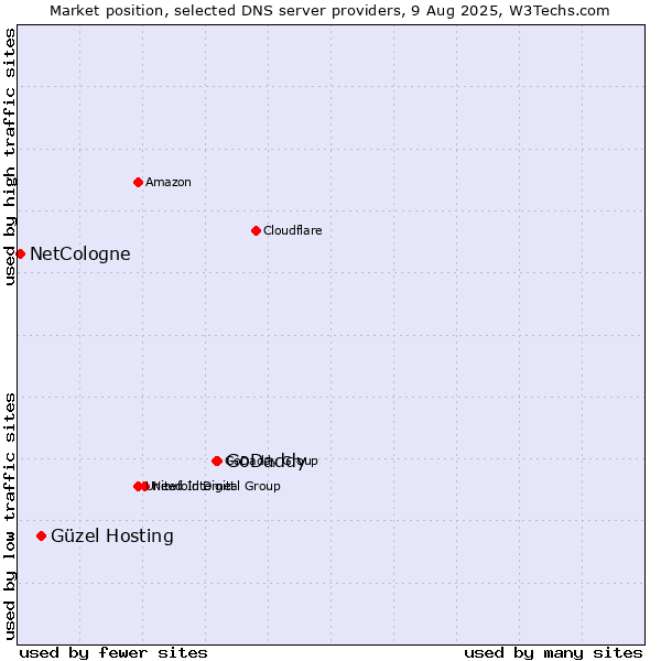 Market position of GoDaddy vs. Güzel Hosting vs. NetCologne